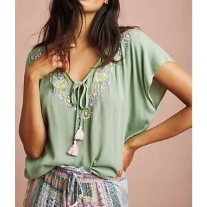 Anthropologie Floreat Persephone Embroidered Short Sleeve Top Green XS